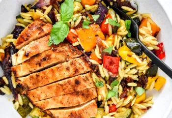 Roasted Vegetable Orzo Salad with Grilled Chicken